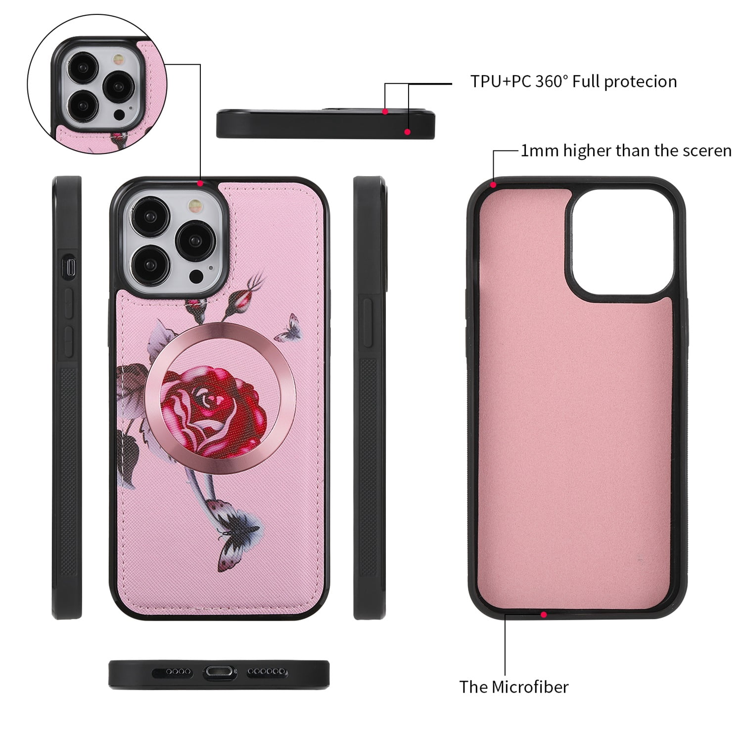 SaniMore Magnetic Detachable Wallet Case for iPhone 13 Pro Max, Flower Pattern RFID Blocking Cover Support Wireless Charging Card Slot Shoulder & Wrist Strap 360° Full Protective Shell, Pink