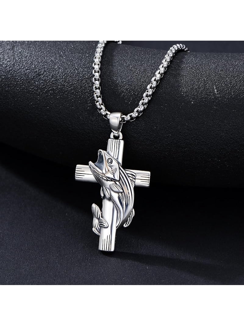 Cross Necklace for Men - 925 Sterling Silver Cross Deer Antler Fish Hook  Pendant - Hunting Jewelry Gifts 22+2 - Walmart.com, image size:800x1067