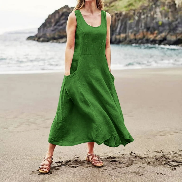 WENT Natural Life Clothing for Women Women Summer Cotton Linen Tank Dress Sleeveless Loose Crew Neck Maxi Long Flowy Dresses with Pockets Green S Walmart