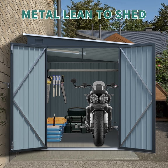 YDSM 6x8FT Galvanized Steel Outdoor Storage Shed with Lockable Double Doors, Metal Lean to Shed with Free PC Light Board for Tools, Bikes & Patio Essentials