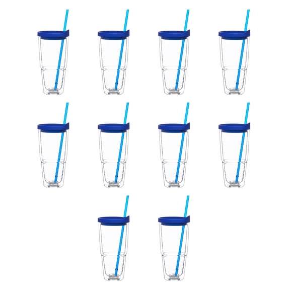 Double Wall Clear Tumblers 24 oz. Set of 10, Bulk Pack - Perfect for Iced Coffee, Soda, Other Hot & Cold Beverages - Blue