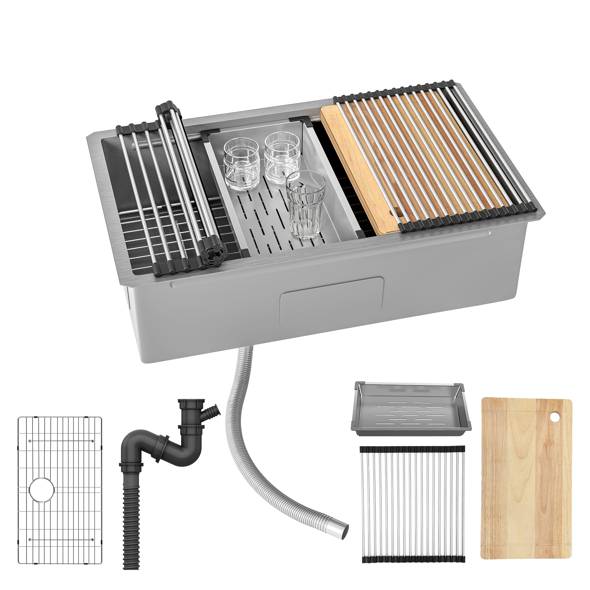 Uforic 32" Undermount Kitchen Sink Workstation, 304 Stainless Steel, Single Bowl, Honeycomb, Silver