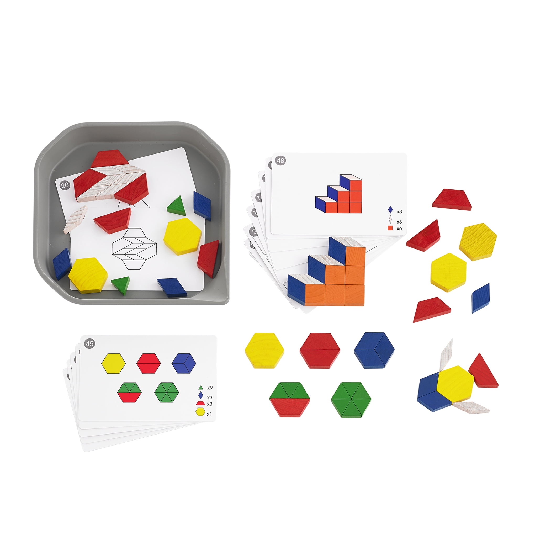 edxeducation FunPlay Pattern Blocks - Set of 60 Wooden Math Manipulatives + 50 Activities + Messy Tray