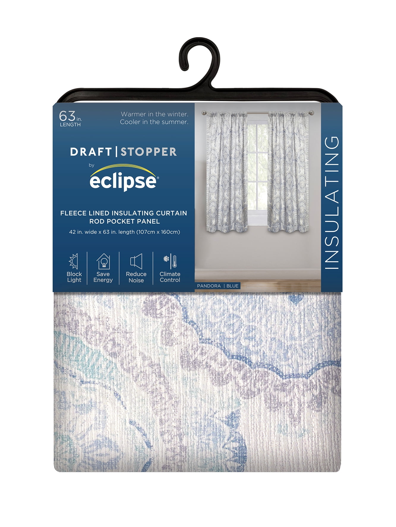 Eclipse Draft Stopper Room Darkening Fleece Lined Rod Pocket, Single Curtain Panel, Blue Medallion, 42" W x 63" L