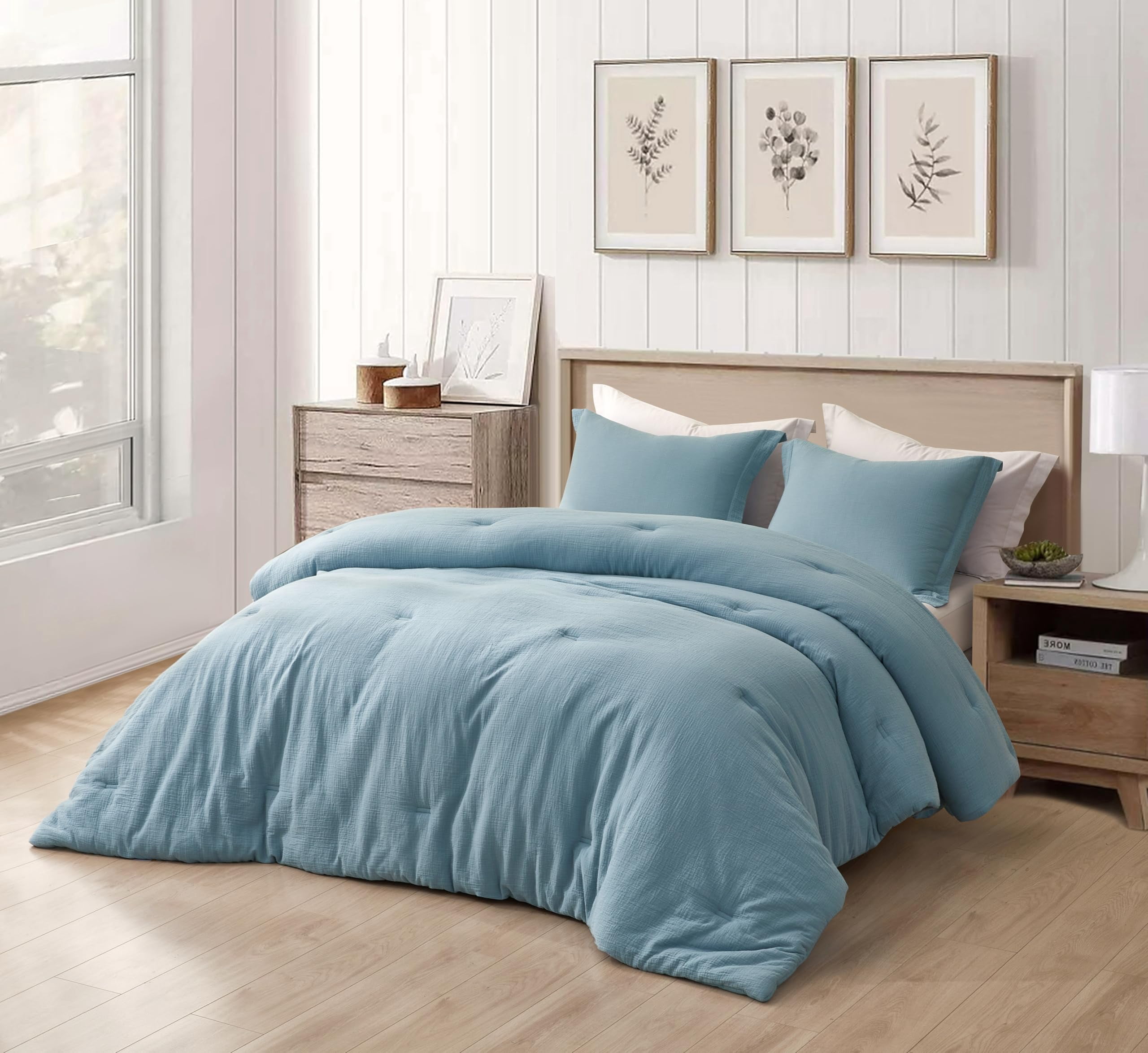 Chezmoi Collection Breeze 3-Piece 100% Cotton Muslin King Comforter Set, Lake Blue Soft Washed Cotton Gauze Comforter, Lightweight Breathable Bedding for All Season