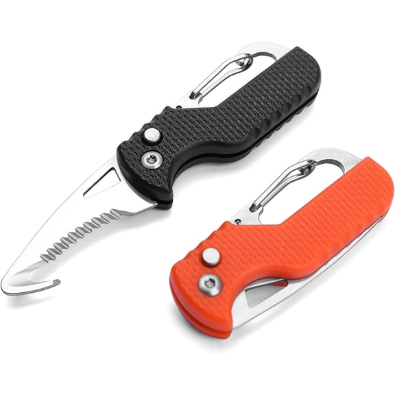 2 Pack Safety Box Cutter, EDC Seat belt Cutter with 1.1inch Hook Blade, Retractable Package Opener for Wrap, Tape and Strap, Small Keychain Knife, Cool Gadgets for Women Men