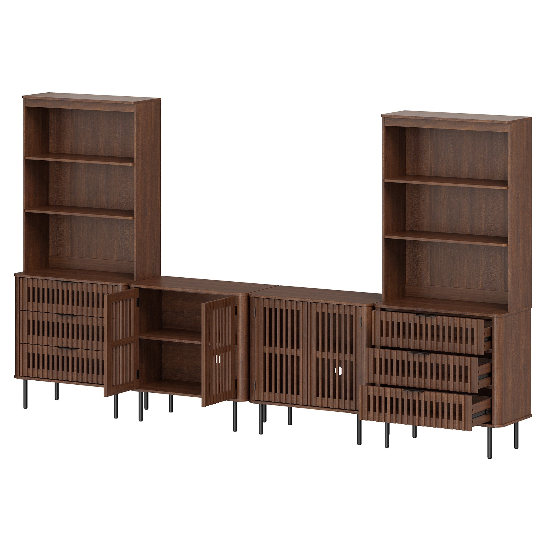 WAMPAT 72.8" Tall Bookshelf with Doors and Drawers, Modern Bookcase with Storage, Adjustable Shelves, Wood Storage Cabinet, Walnut