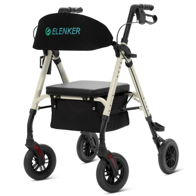 Andador todoterreno ELENKER con ruedas no neumáticas de 8", asiento y respaldo acolchados con esponja y estructura totalmente ajustable para personas mayores, color champán