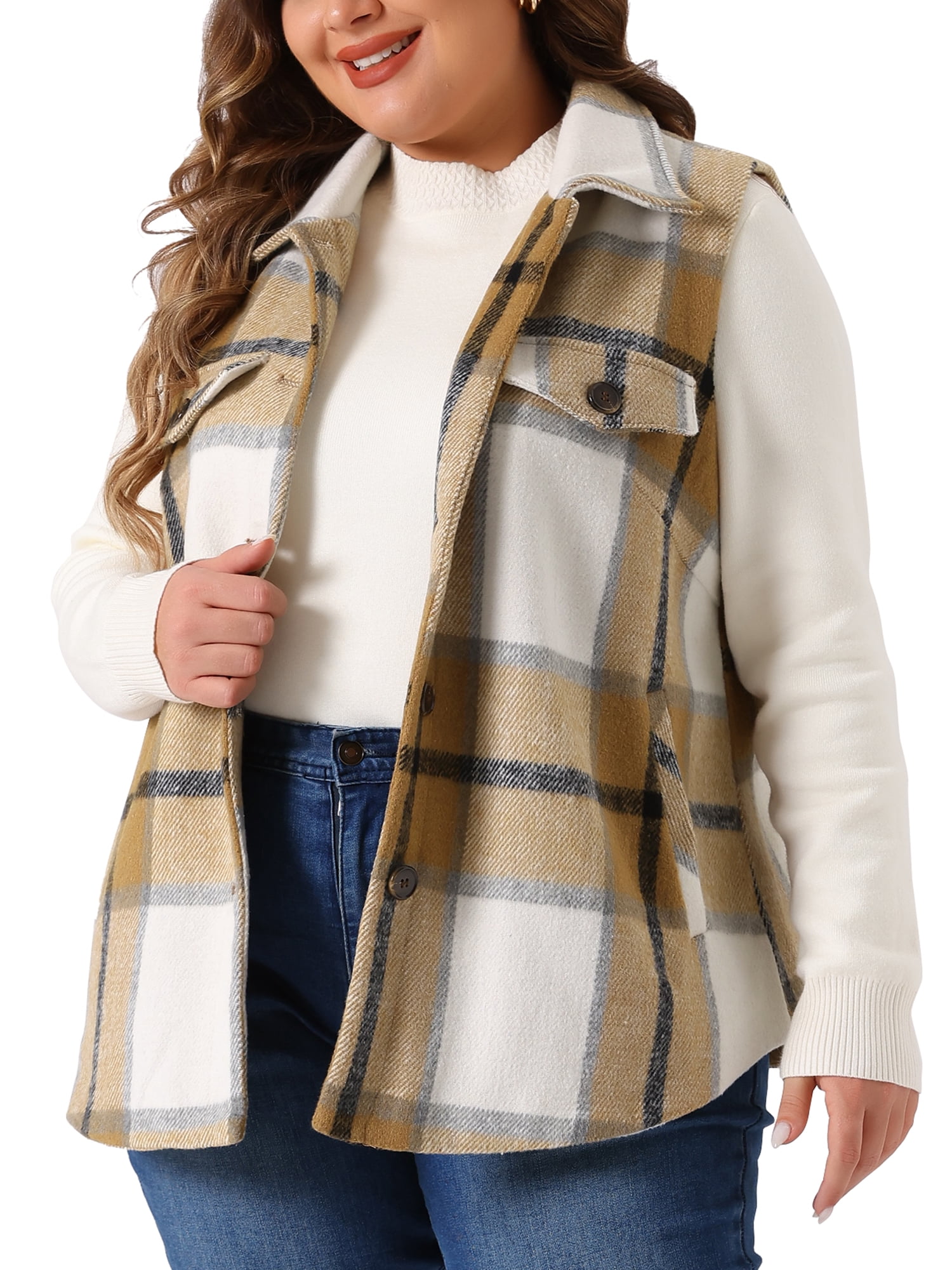 DARING DIVA Women's Plus Size Plaid Coat Slash Pocket Sleeveless Vest 2X White Brown