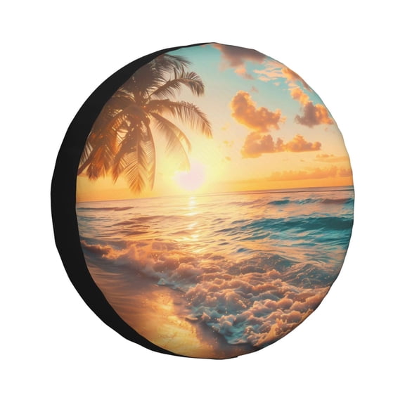 Gukieu Tropical Sunset Beach Scene Print Car Tire Cover, Adjustable Waterproof and Dustproof Tire Protection Cover, Suitable for SUV, Truck, Van-14 inch
