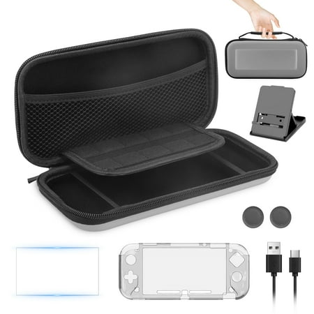 TSV Carrying Case Fit for Nintendo Switch Lite, 9-in-1 Accessories Bundle with Clear Protective Case, Screen Protector, Charging Cable, Thumbstick Caps, Stand, Xmas Gift