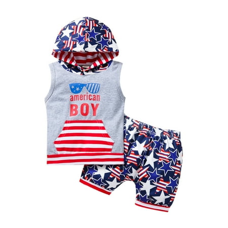 

Puloru Kids Stripe Letter Print Sleeveless Hooded Tops+ Star Print Shorts