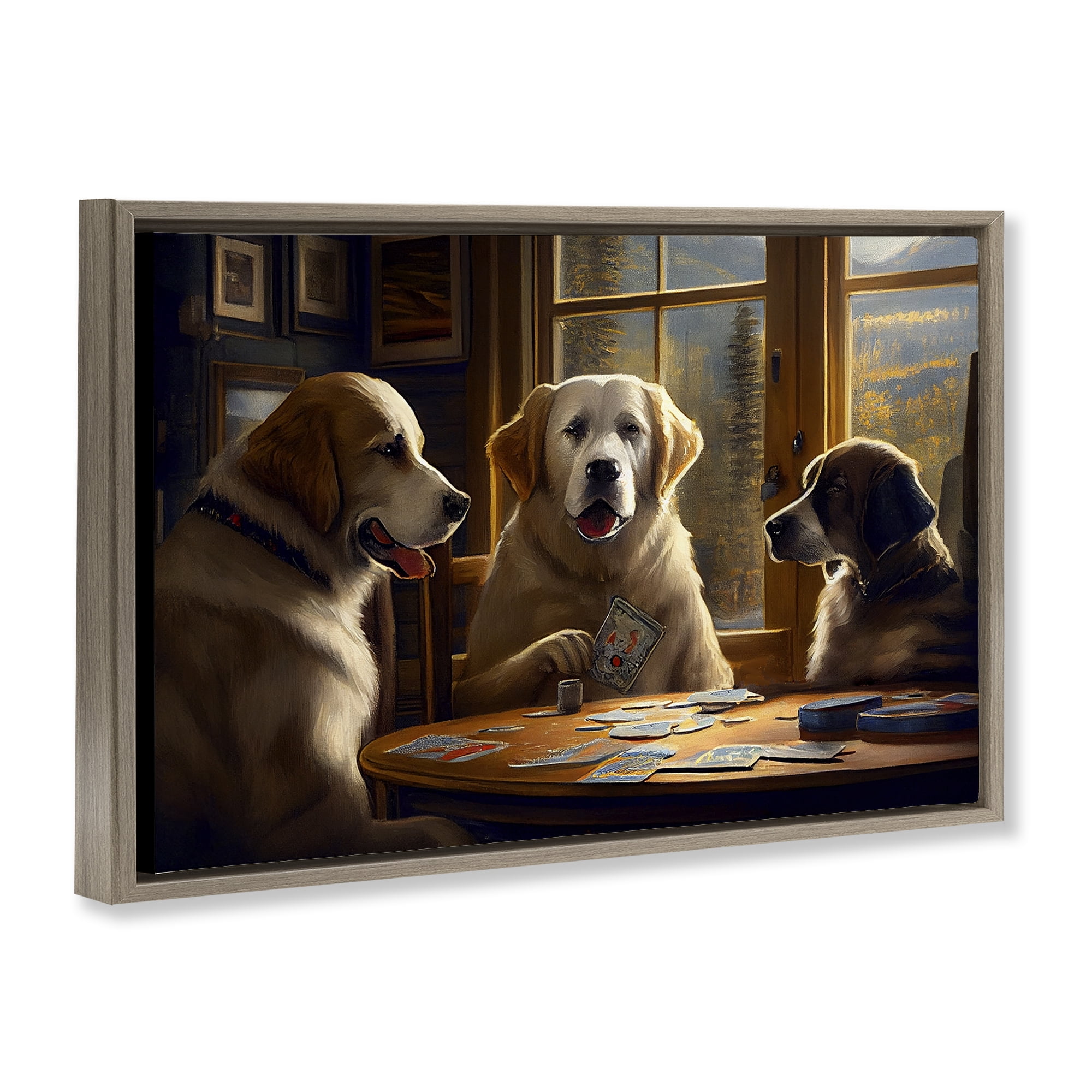 Stupell Industries Dogs Playing Card Game Entertainment Painting Brown Floater Framed Canvas Art Print Wall Art, 25 x 17