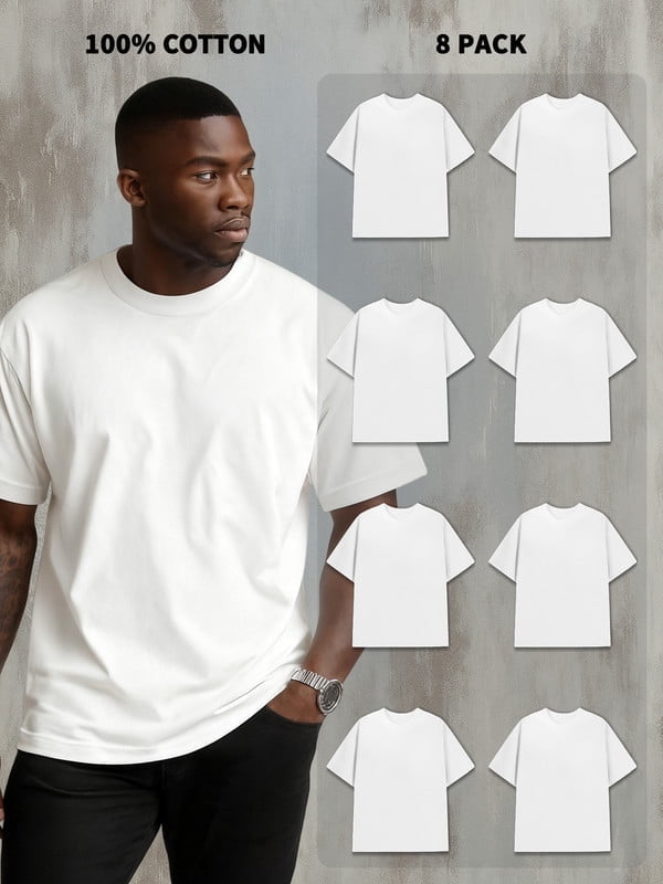KS Mens 6 Pack Crew Neck TShirts 100% Cotton Tagless, Large (L