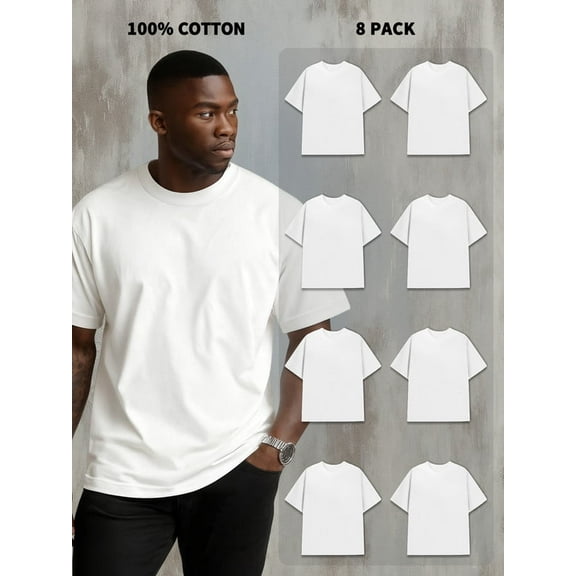 8-Pack Men's 100% Cotton Short Sleeve Crew Neck Tees - 180g, Shrink-Resistant, Cost-Effective, White