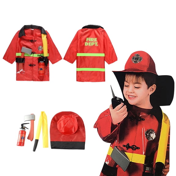 JCCXIN Toddler Kids Boys Girls Halloween Fireman Outfits Career Role Play Dress-Up Party Clothes Coat With Accessories Set Trick Or Treat School Carnival Cool Outfit Sets,Red,6-9 Years