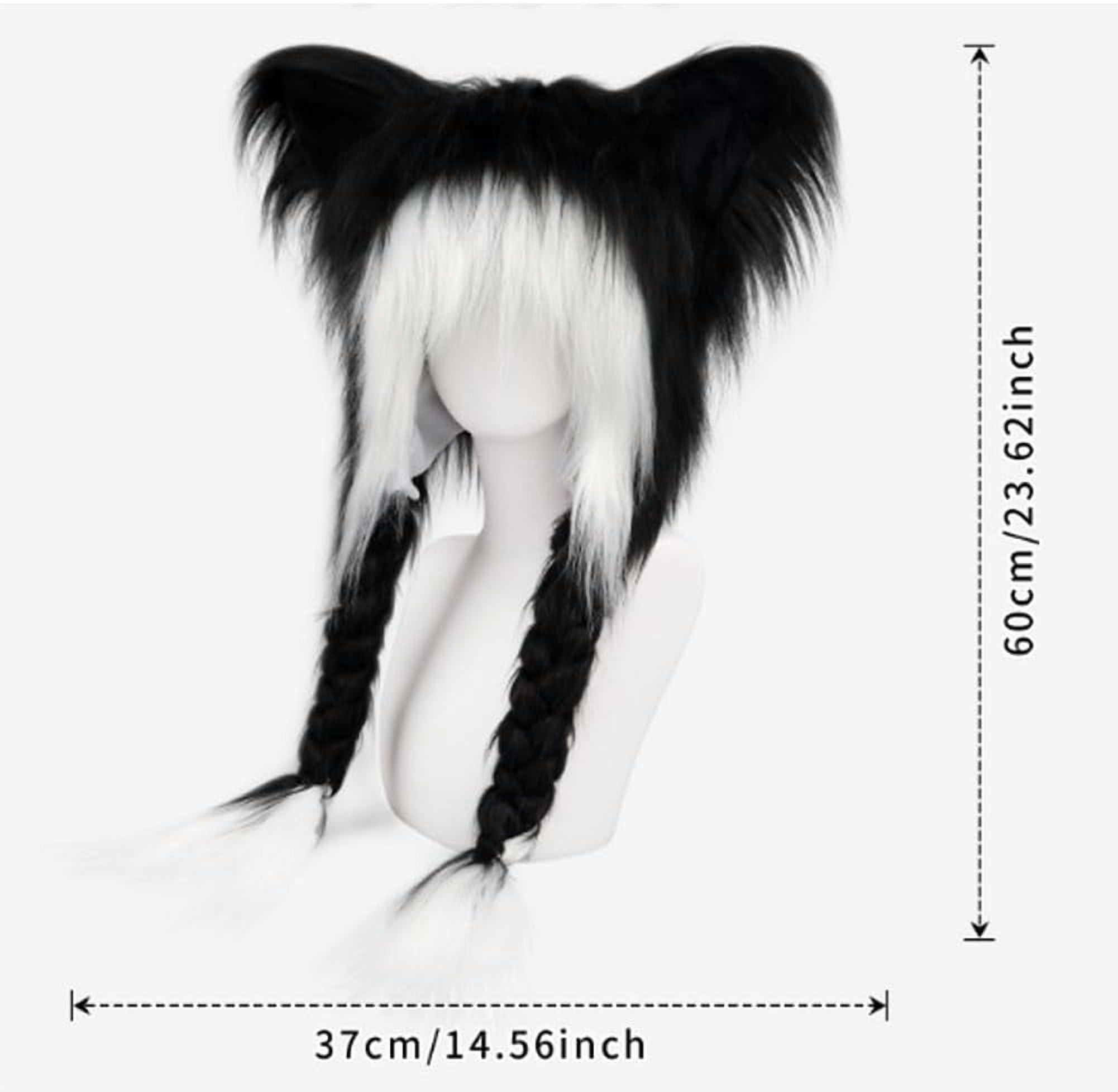 Soft Furry Animal Ear Hat with Braids,Furry Head Mask,Cute Animal Horns Ears Winter Hat,Hooded Red Black Fur Winter Warm Earmuffs Cat Shiesty,Cosplay Accessories,Great for Cosplay and (1,pcs,L)
