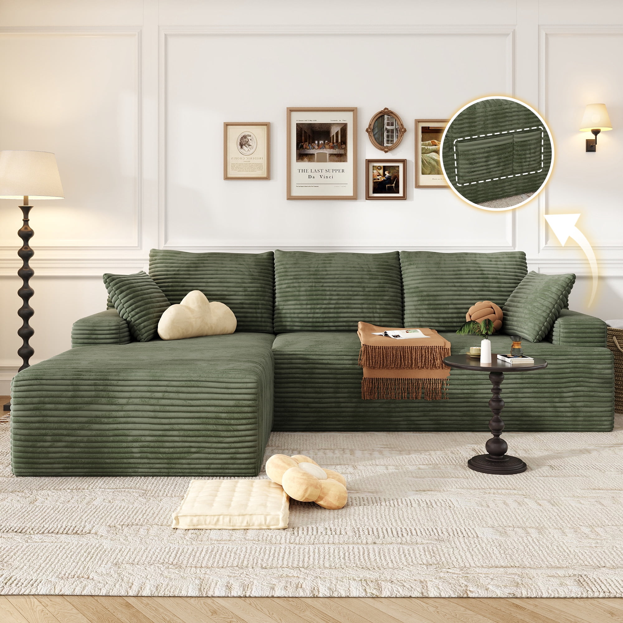 104" Modular L-Shaped Sectional Sofa, No Assembly Required Boneless Sofa with Chaise, High Resilience Foam & Corduroy Fabric, for Living Room Bedroom,(Sage Green)