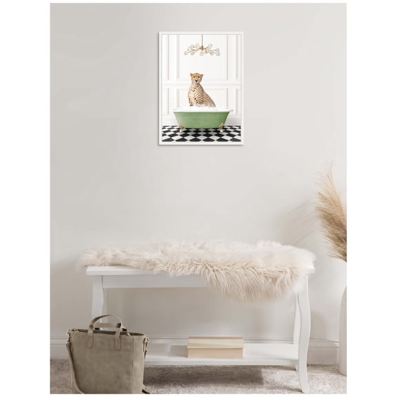 Kate and Laurel Cheetah in Green Bathtub Checker Floor Framed Canvas Wall Art by Amy Peterson 18 x 24 Sylvie White, Whimsical, Animals, Bathroom, Humor Art for Wall Decor, Living Room, Bedroom