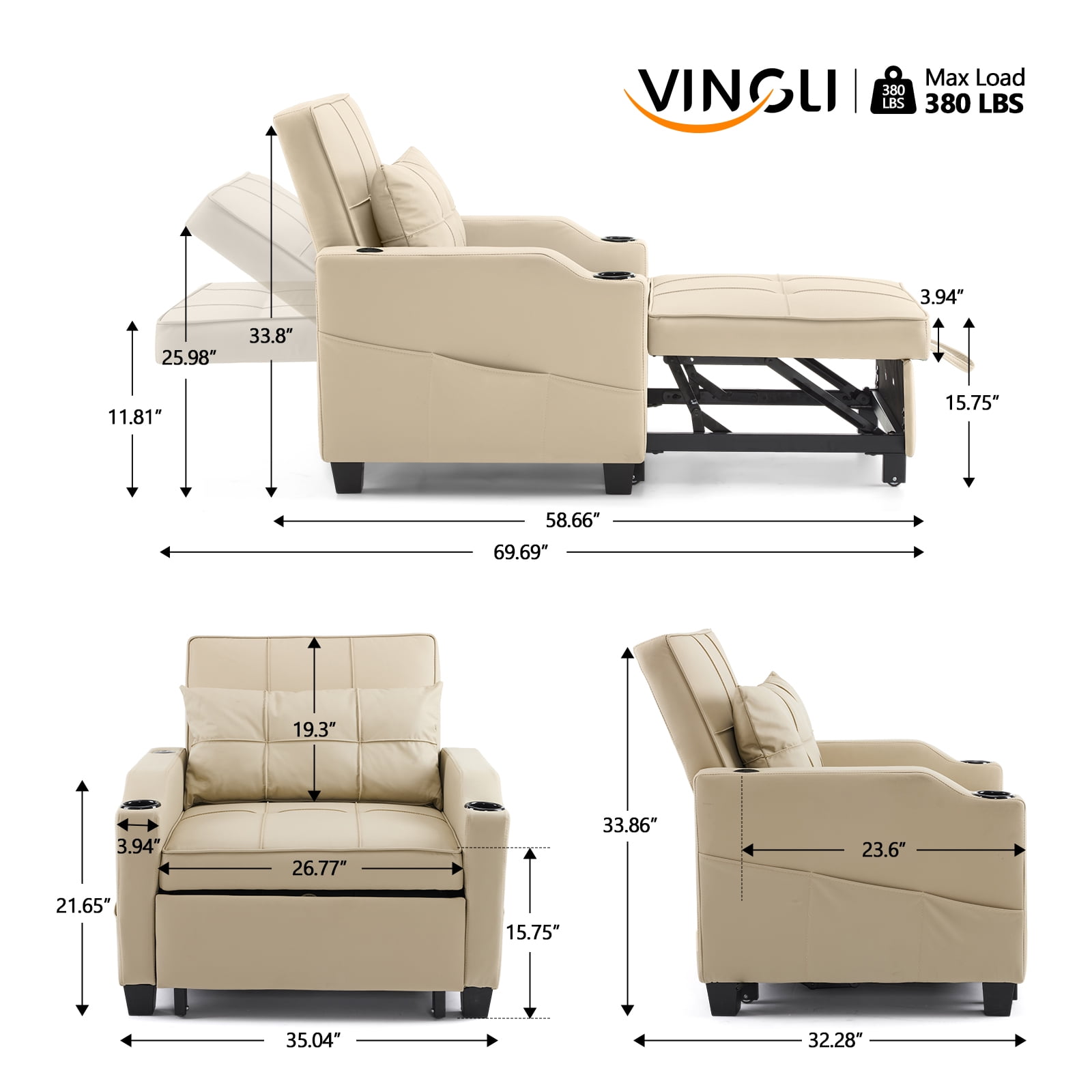 Ktaxon Sleeper Sofa Bed Convertible Chair Faux Leather 3-in-1 Futon Sofa with Lumbar Pillow for Living Room Bedroom Office Apartment Furniture Beige