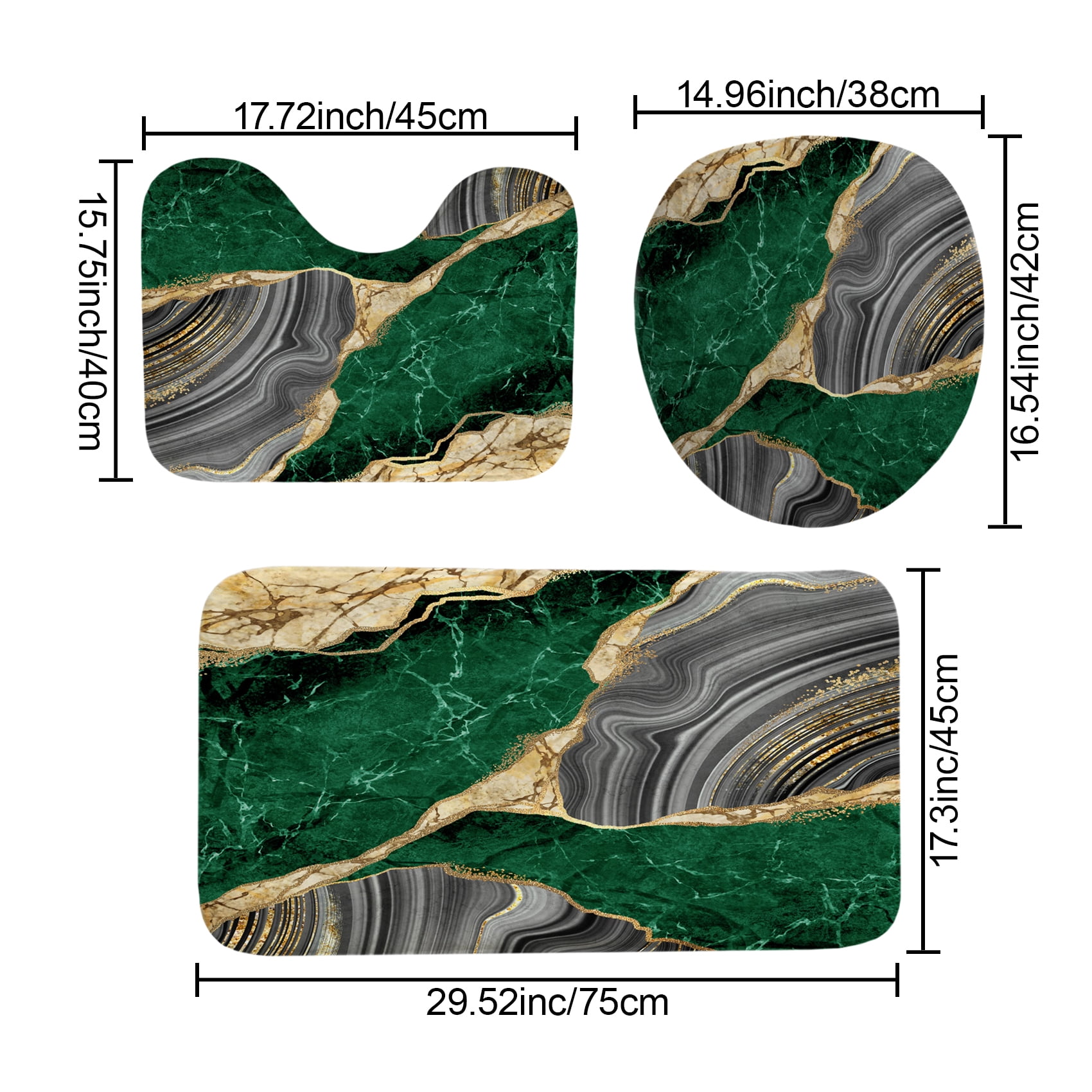 4Pcs Marble Shower Curtain Sets, Bathroom Decor Sets, Luxury Shower Curtain with 12 Hooks, Bath Mat, Toilet Lid Rug and Non-Slip U Shape Mat Accessories Marble Print, 72 x 72 Inch, Green