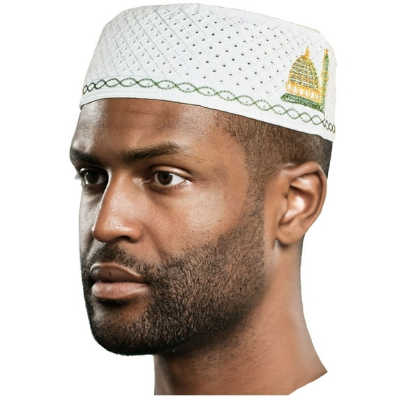 White, Gold and Green Kofia Hat African Embroidered Kufi Cap