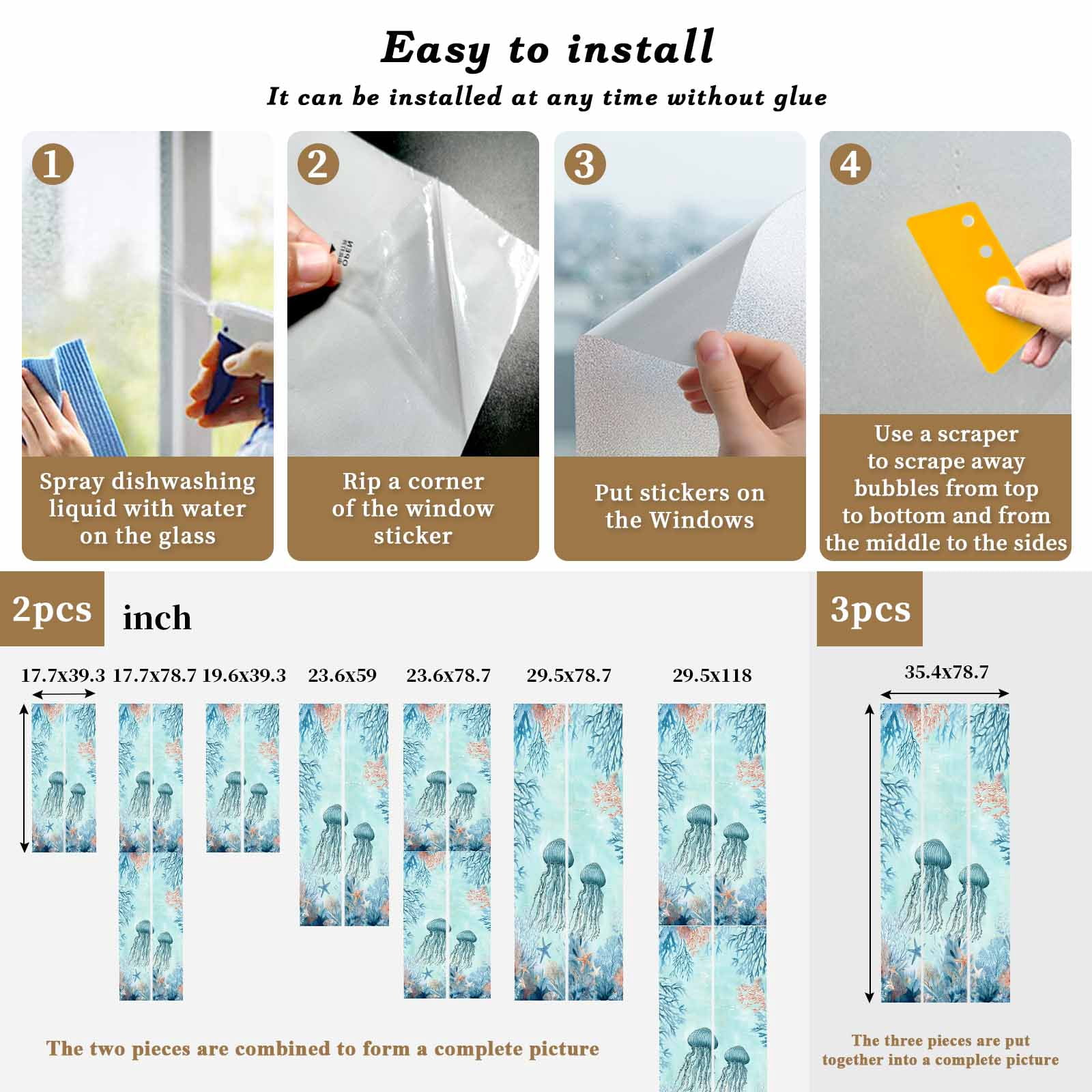Summer Oceans Window Privacy Film, Teal Blue Jellyfish Corals Starfish Marine Life Frosted Glass Window Clings Static Cling UV Heat Blocking Reusable Door Sticker for Bathroom 23.6 x 59 Inch