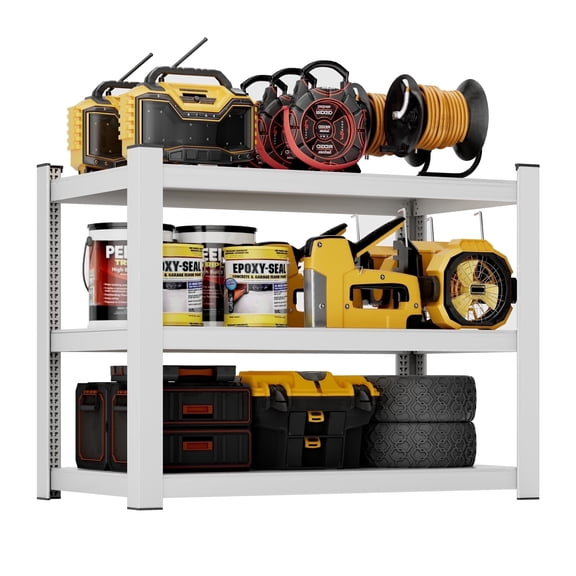 3-Tier Heavy-Duty Metal Garage Storage Shelves, 36" H x 36" W x 16" D, White, Adjustable