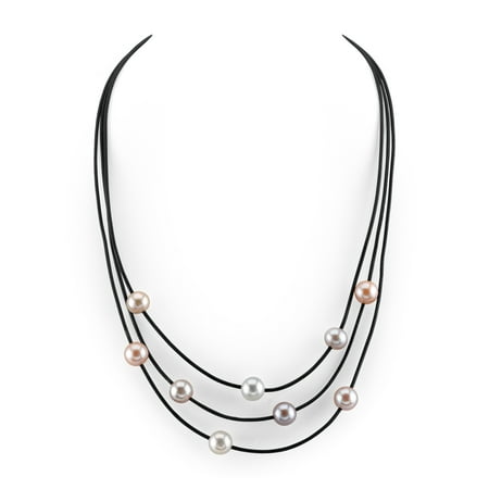 Triple Strand Leather - 8mm Multicolor Freshwater Cultured Pearl Triple Strand Leather Necklace