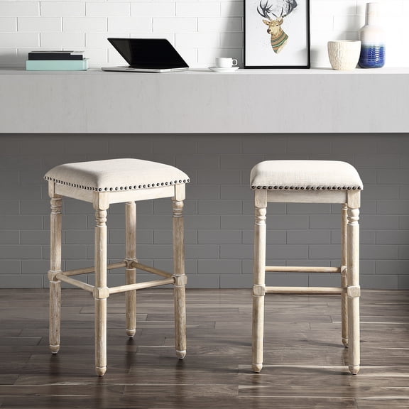 2 Wood Tan Chairs, Upholstered - Bronze Nailhead Accent Bar Seating, Whitewashed Appearance