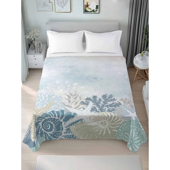Queen Flat Sheet Only Blue Ocean Conch Starfish Coral Soft Microfiber Cooling Bedding Sheets Summer Nautical Shell Flat Bed Sheet for Hotel,Home Decor