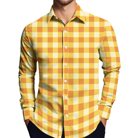 New Men's Long-Sleeved Plaid Shirt Spring Lapel Button Fashion Casual Comfortable Personality Breathable Handsome Male Loose Elastic Outwear Yellow M