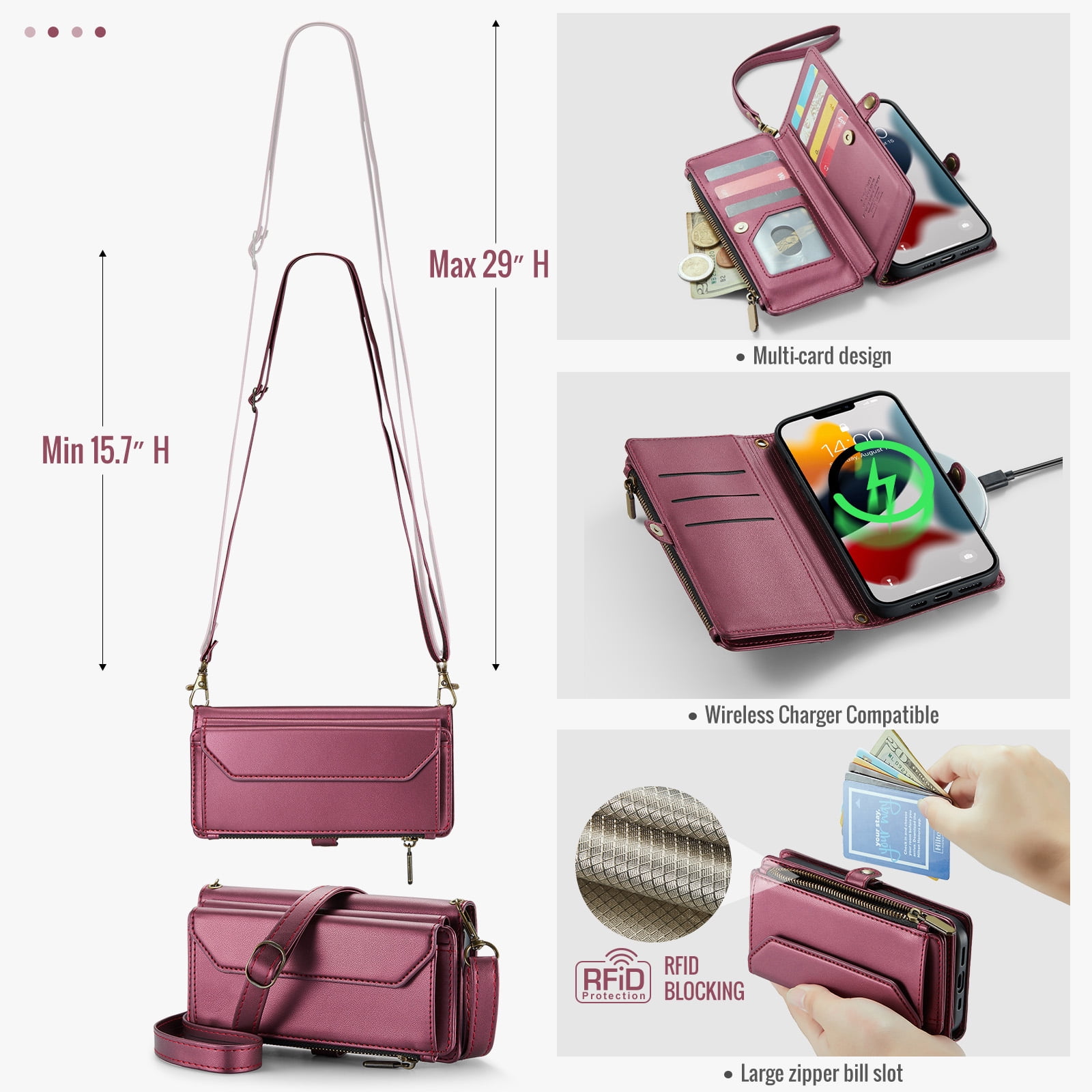 Compatible with iPhone 15 Pro Max 6.7 inch Zipper Wallet Phone Case Tempered Glass Screen Protector Crossbody Lanyard Strap Flip Card Holder Slot Cell Cover for i P15 15Pro i15 ProMax Women Wine Red