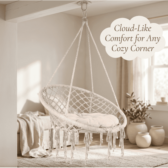 Tanfengu Solid Steel Frame Hanging Chair, Swing Chair for Bedroom with Thick Cotton Cushion, Boho Macrame Swing Chair for Bedroom Porch Balcony