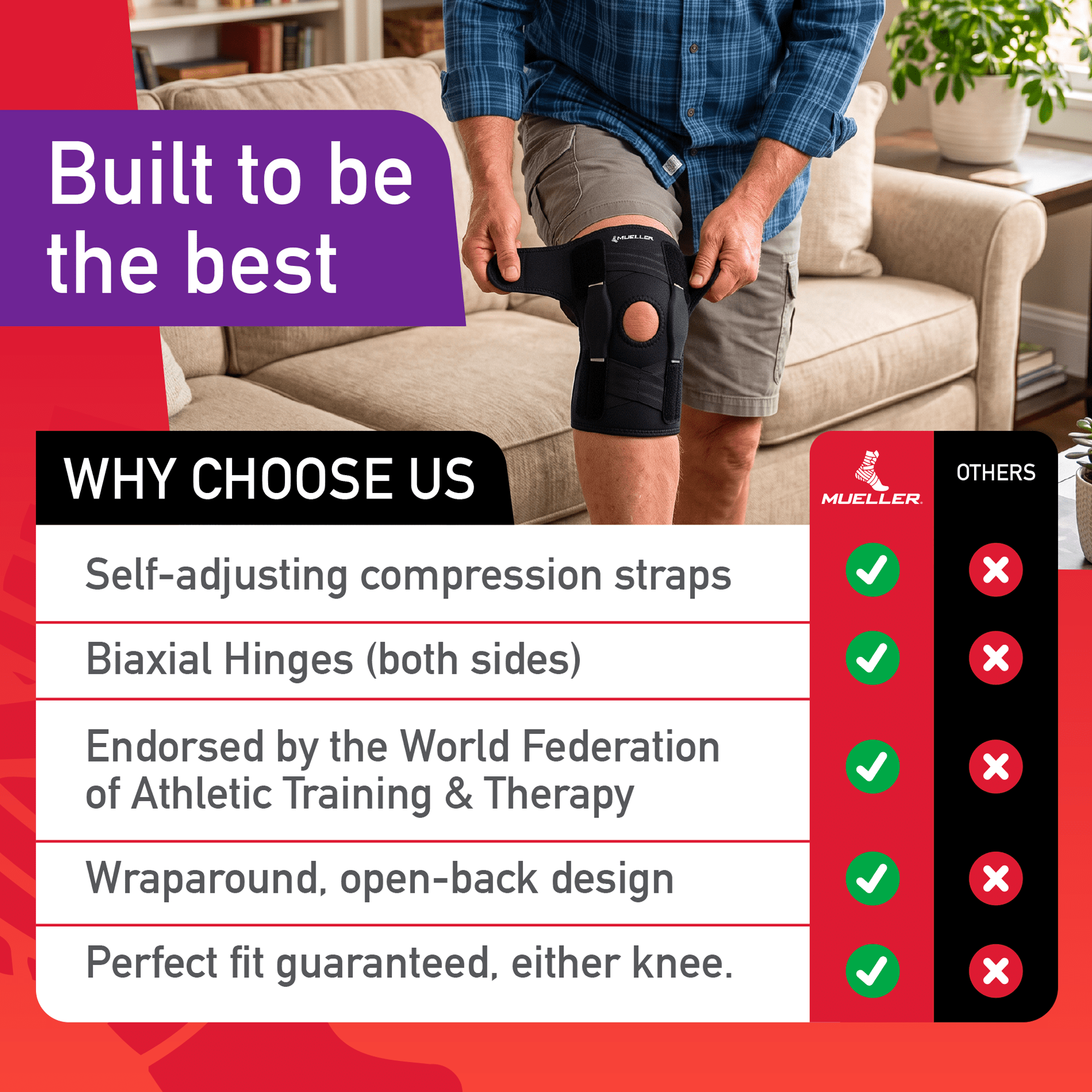 (4 pack) Mueller Adjustable Hinged Knee Brace, Black, One Size Fits Most