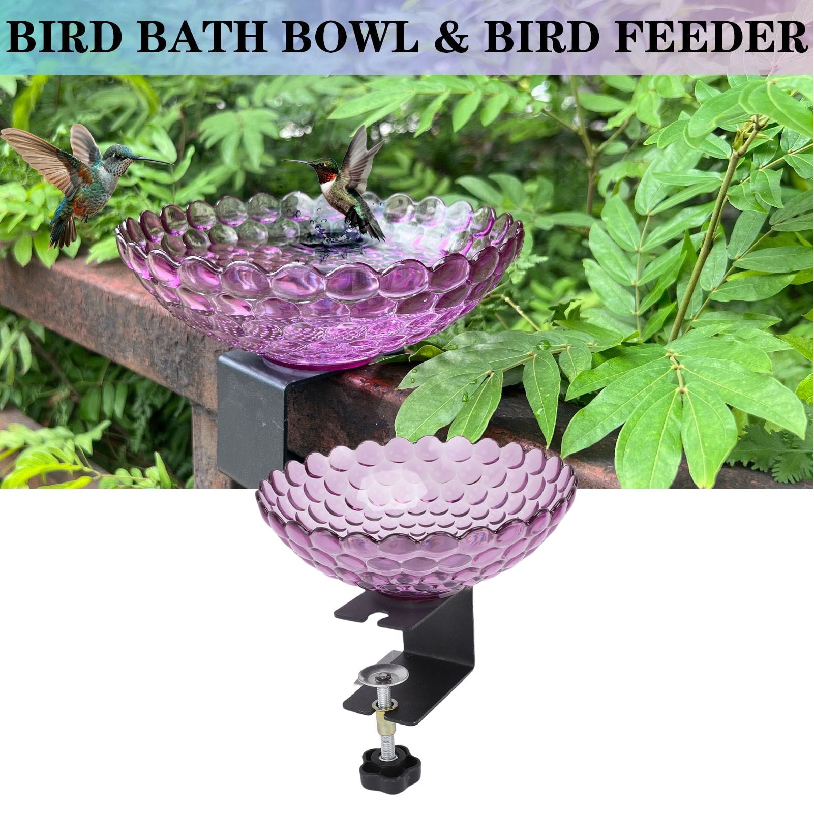 YAHHU Deck Mounted Bird Bath Plastic Detachable Bird Feeder Water Bowl with Adjustable Clamp for Fence Balcony Garden Yard Decor Purple 6.9x5.12 inches / 17.5x13 cm