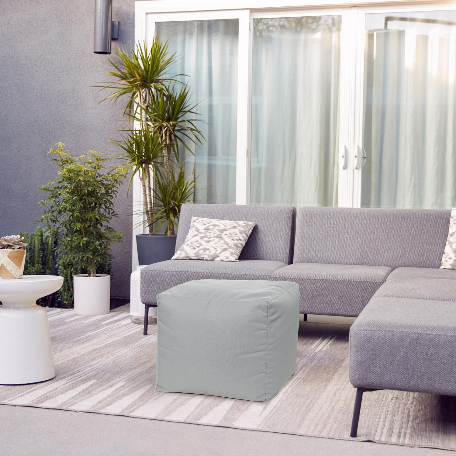 Gouchee Home Cube Soleil Outdoor/Indoor Silver Ottoman Pouf – Waterproof Cube Pouf with Polystyrene Bead Filling, Lightweight Modern Seating for Patio, Deck, or Living Room