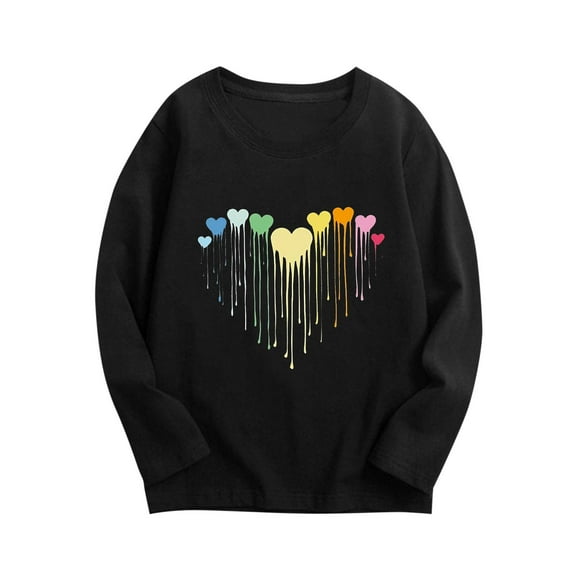 Edvintorg Valentine's Day Boys Long Sleeve Shirts Cute Heart Printing Casual Round Neck Cotton Pullover Tops Shirts for Girls 3-10 Years Spring Children's Tshirts