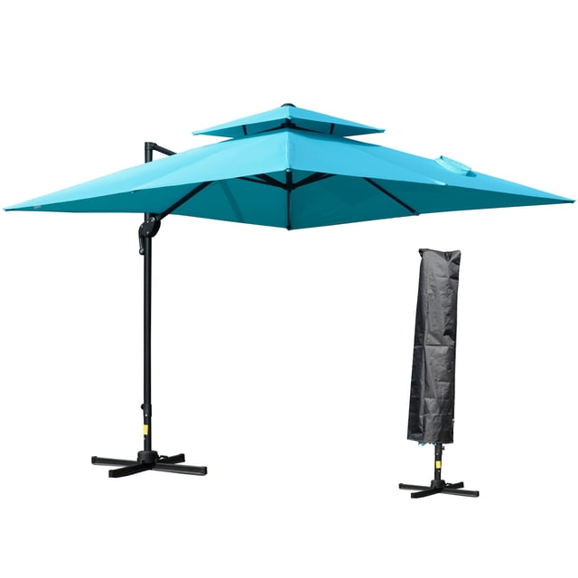 Parasol Déporté de Patio 10 Pieds x 10 Pieds, Parasol Carré à Double Toit avec Rotation à 360°, 5 Angles d'Inclinaison Réglables, Housse de Parasol, Mât et Baleines en Aluminium, Bleu Pâle