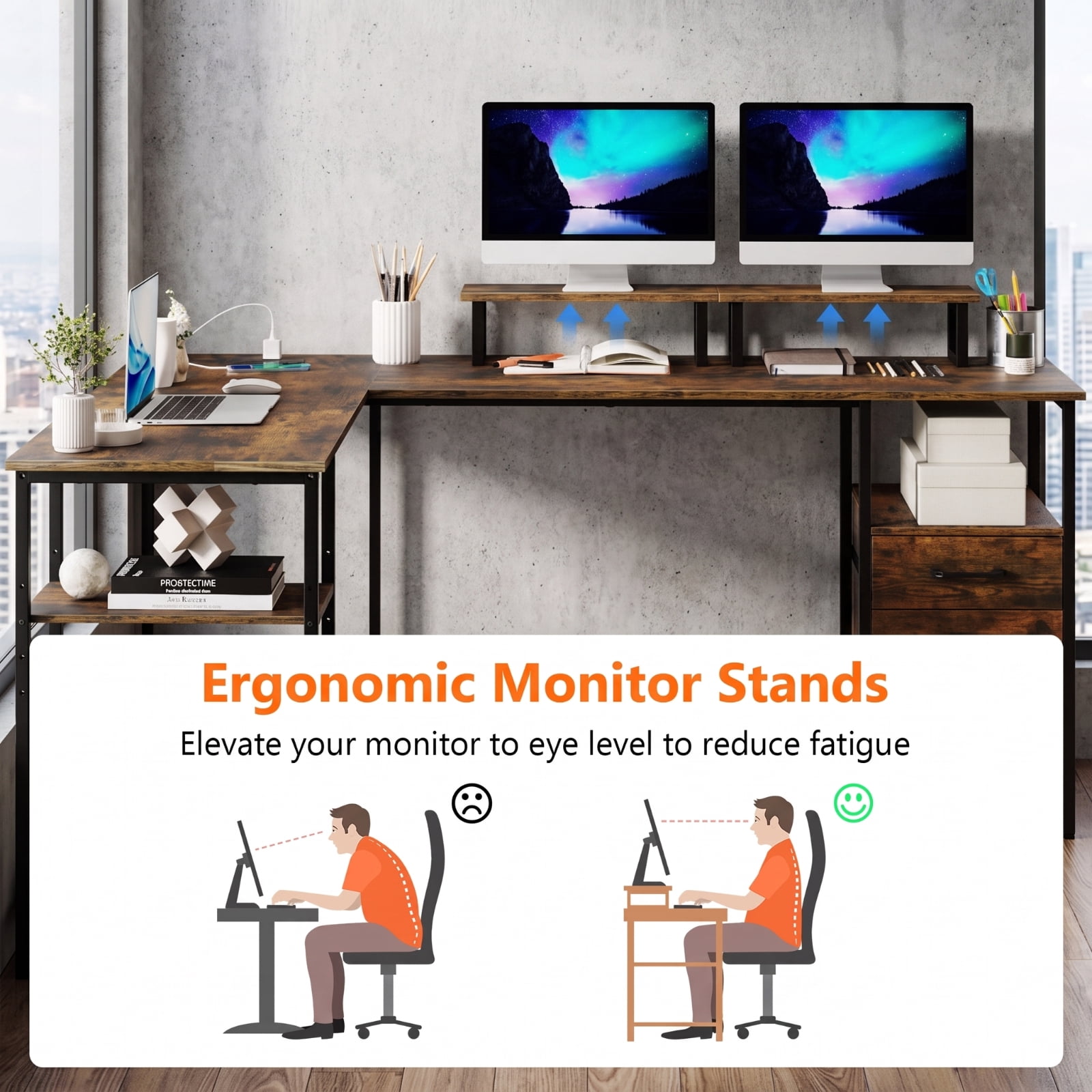Furnibear L Shaped Desk Reversible Computer Desk with Power Outlet Monitor Stand and Fabric Drawers for Home Office Corner Workstation, Rustic Brown