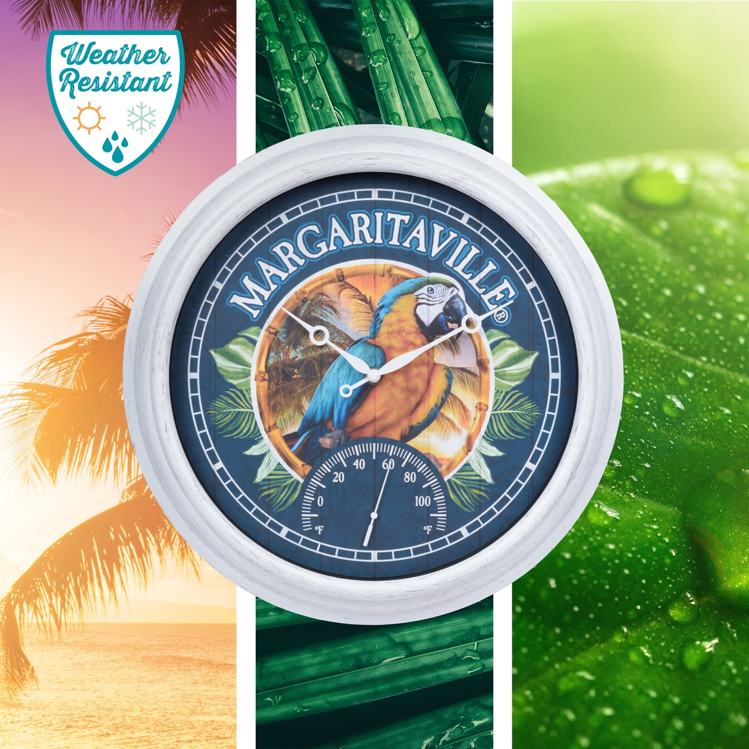La Crosse Clock 15.75 inch Indoor/Outdoor Quartz Wall Clock w/ Temp - Margaritaville Macaw, 433-3841MV6T