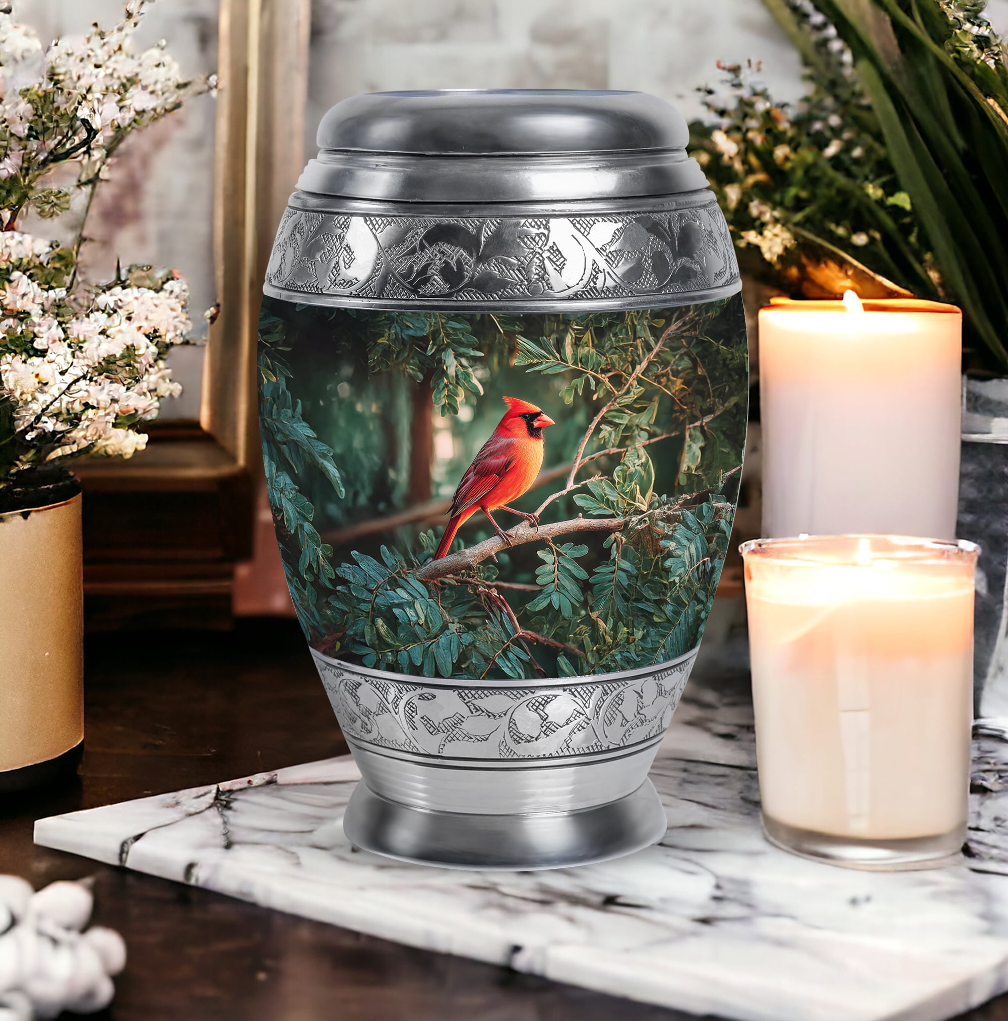 Cardinal Bird Funeral Urns For Adult Male, Large Green Cremation Urns For Human Ashes Adult Female, Memorial Urn For Mom, Leaf Burial Urn For Human Ashes, 10 Inch