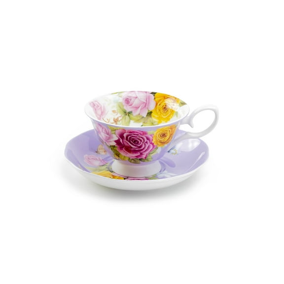 Grace Teaware Rose Bouquet Purple 7oz Bone China Tea Cup and Saucer