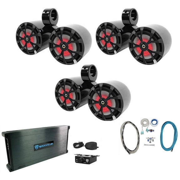 3 Rockville RKL65MBW Dual 6.5" Marine Wakeboard LED Speakers Amplifier Wire Kit