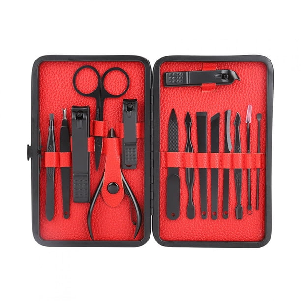 Cortaúñas de acero inoxidable de 15 piezas, herramienta de manicura, juego de cortaúñas con estuche rojo