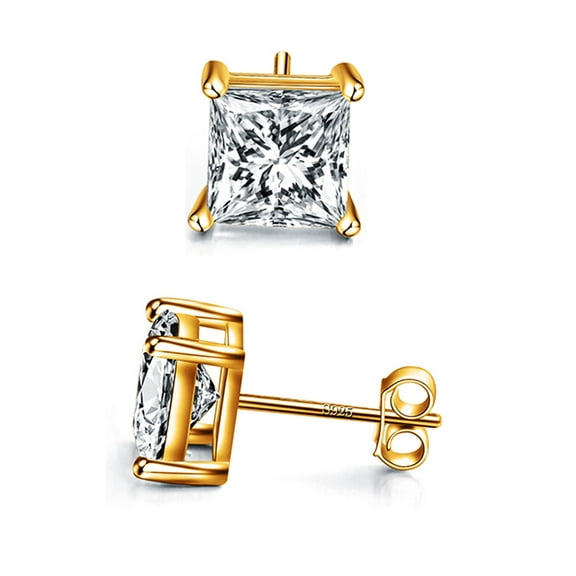 14k Gold Plated 925 Sterling Silver 4 Prong Square Shape Cubic Zirconia Stud Earrings