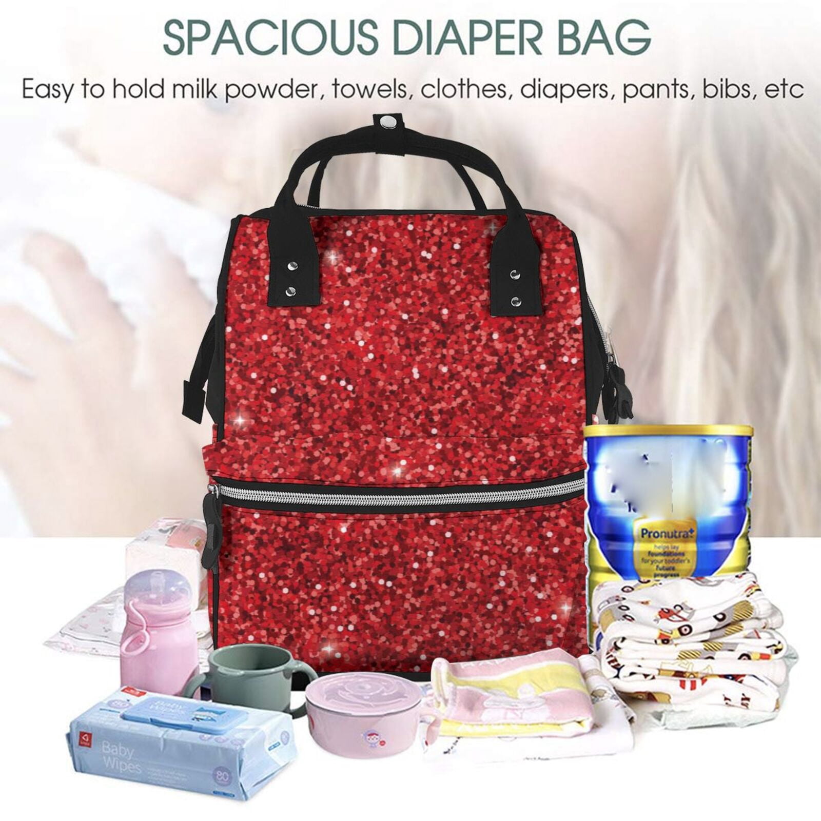 Ratiio Red Glitter Mummy Backpack - Waterproof Twill Canvas, Large Capacity Diaper Bag with Multiple Pockets and Adjustable Straps