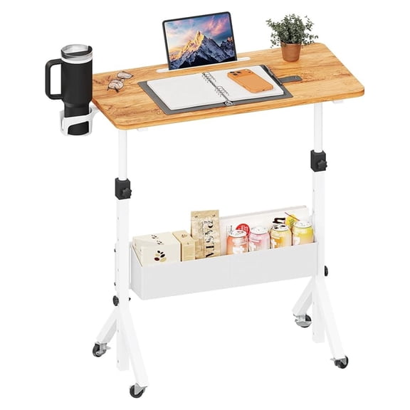 Mobile Standing Desk with Wheels, Adjustable Height 28.3″ to 46.3″, Rolling Laptop Cart with Cup Holder, Storage Basket, Computer & Pen Slot, Home Office Stand Up Desk, Light Vintage Brown