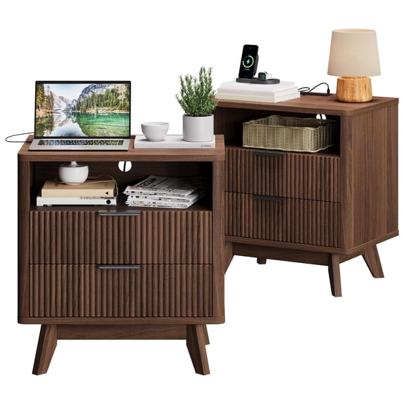 Mid-Century Modern Bedside Table Set of 2 with Storage Drawers & Charging Station - Wooden Bedside Table for Bedroom - Walnut