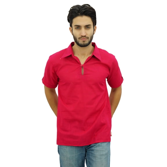 Atasi Mens Short Sleeve Fuschia Cotton Kurta Collar Shirt Tunic Casual Clothing-Large